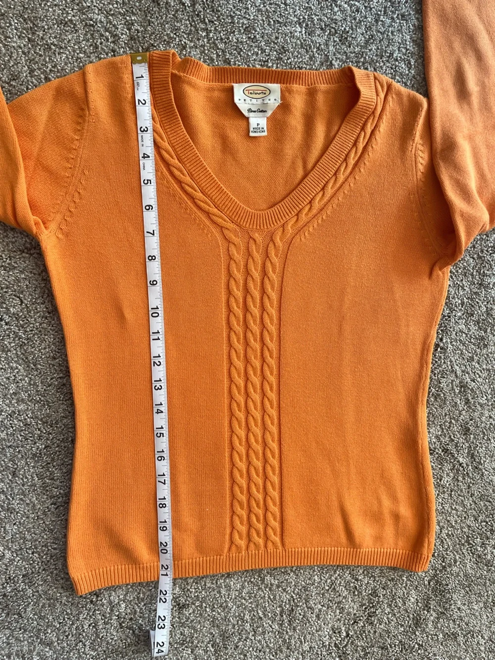 Talbots Wonens Petite Cantaloupe Orange Cable-Front V-Neck Sweater
